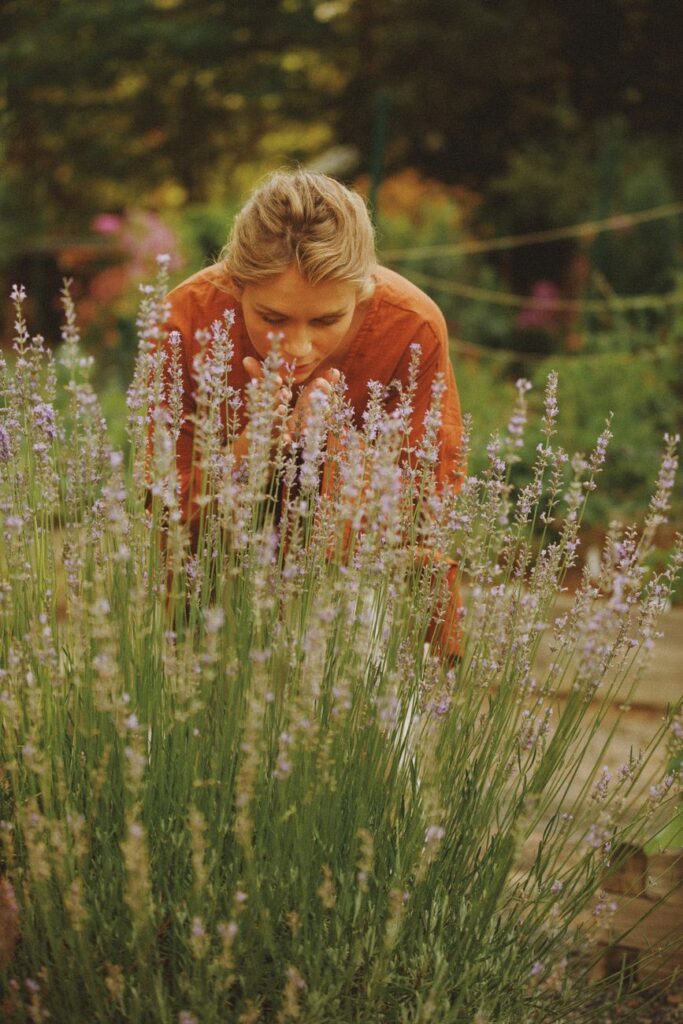 woman enjoying lavender garden in brevard nc