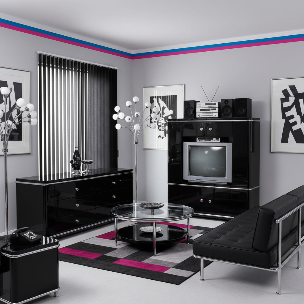 Ein modern eingerichtetes Wohnzimmer mit glänzend schwarzen Möbeln, grauem Teppichboden und auffälligen bunten Streifen an der Wand.