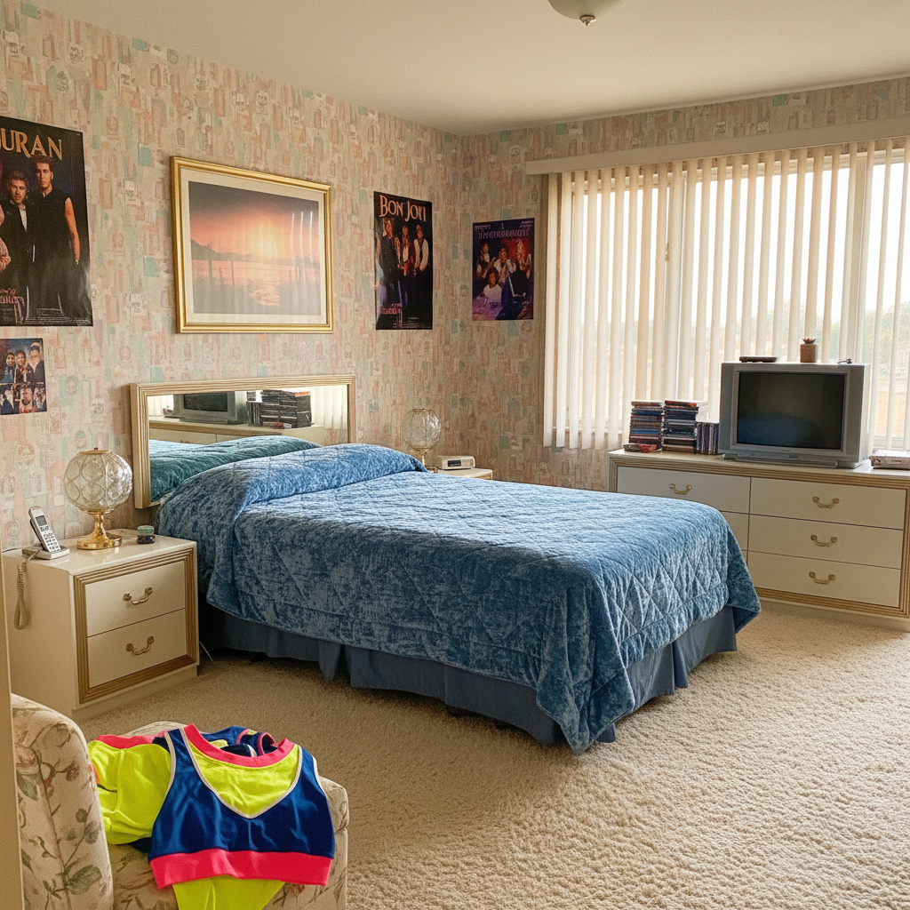 Ein retro-eingerichtetes Schlafzimmer mit einem hellblauen Tagesbett, gemusterten Tapeten und Musikpostern an der Wand.
