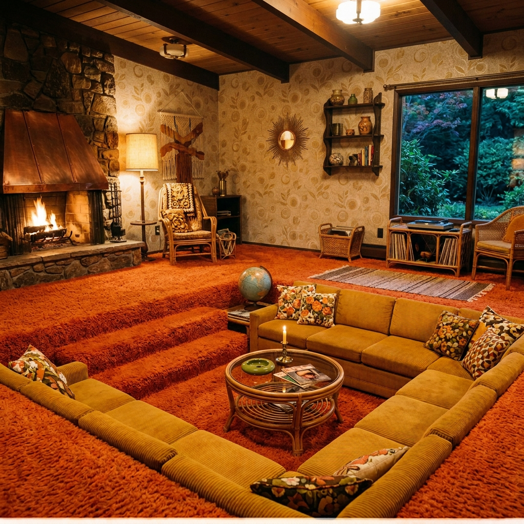 Retro living room with fireplace, sunken seating, and large windows