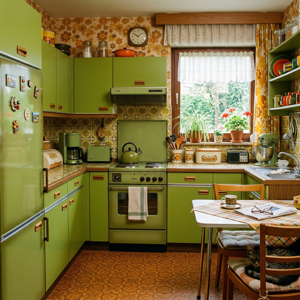 Retro green kitchen with vintage appliances, floral wallpaper, plants, and breakfast table