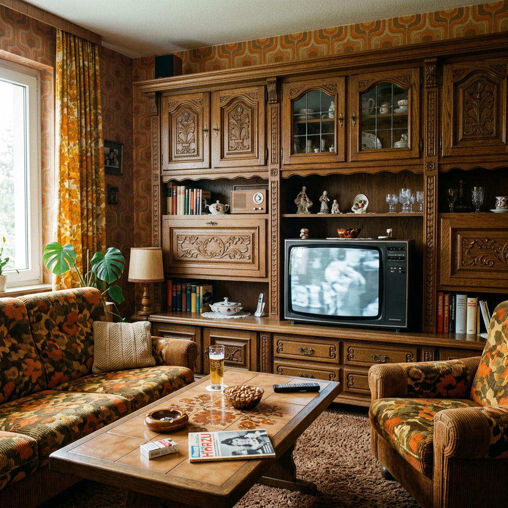 Vintage living room with wood cabinet, television, patterned sofas, and coffee table