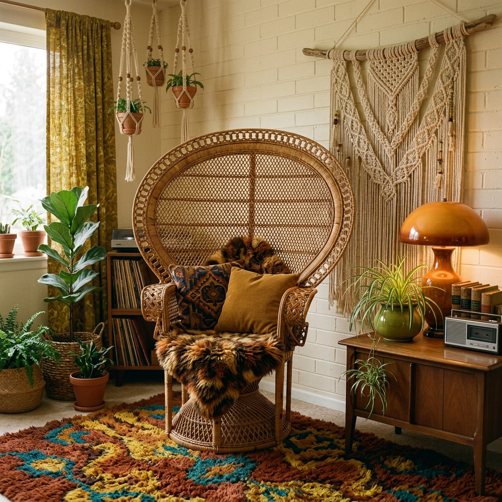 Bohemian reading nook with rattan chair, plants, macramé, and books