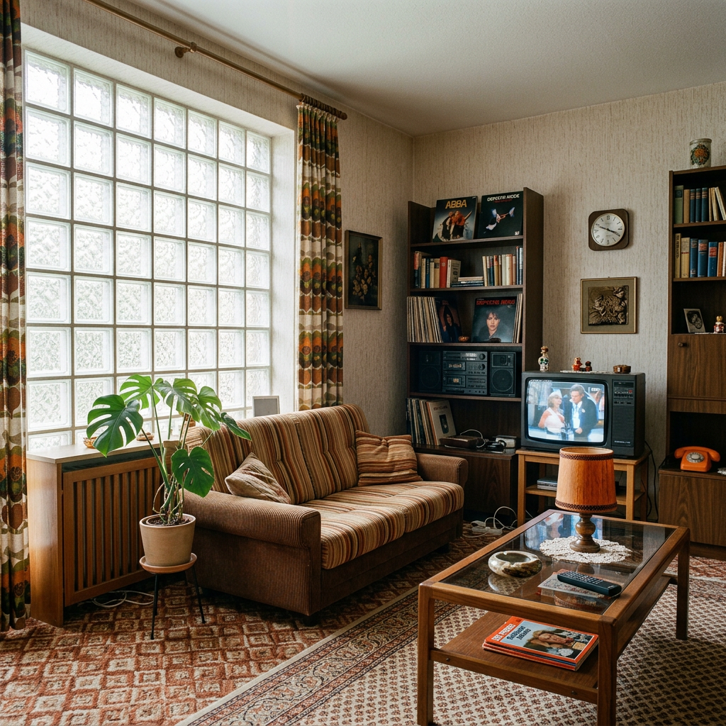 Vintage living room with striped sofa, houseplant, books, and television